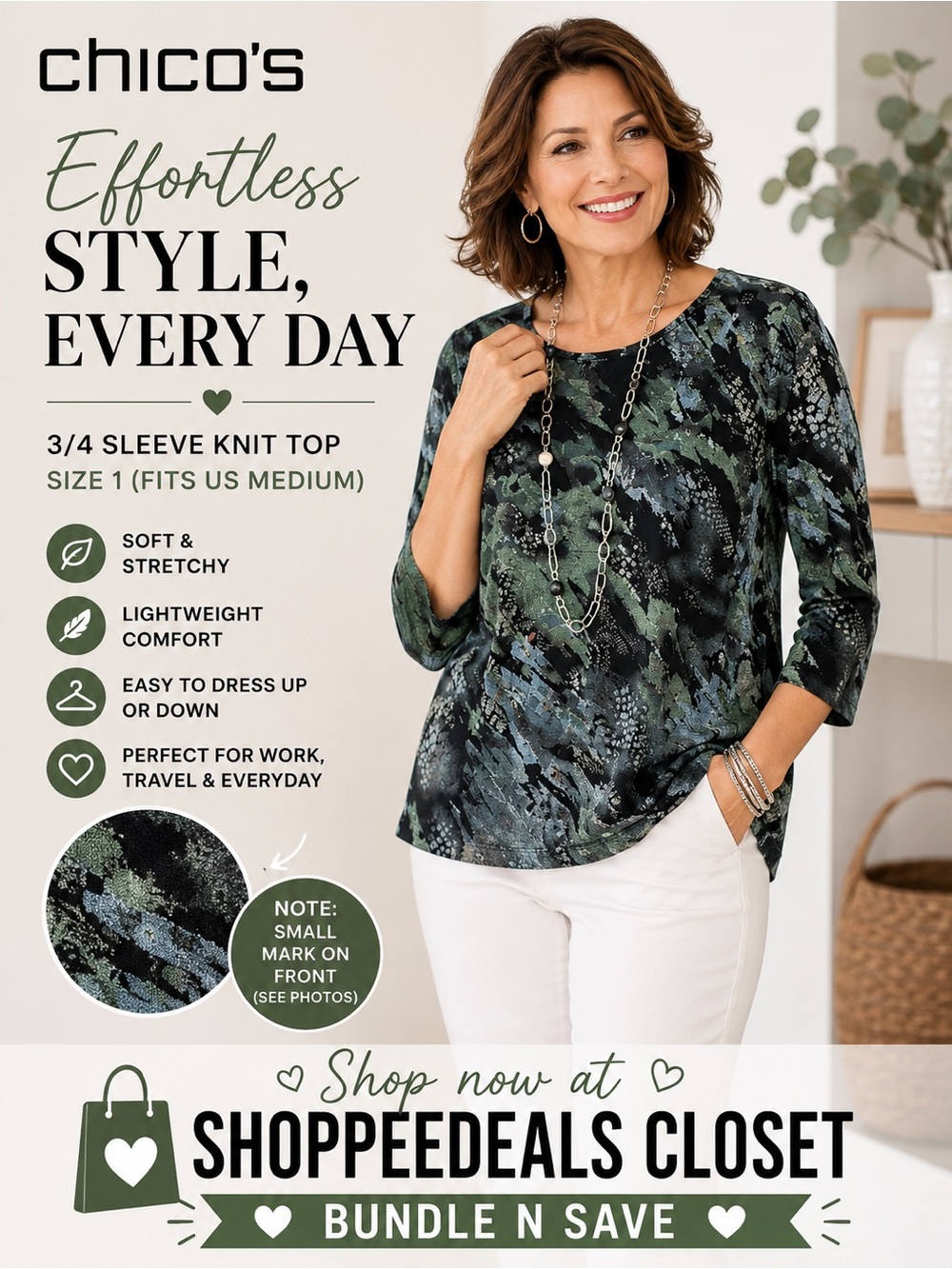Chico’s Abstract Print 3/4 Sleeve Top Size 1 (US Medium)